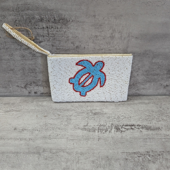 Handbags - Beaded Sea Turtle Blue Cream Wristlet Clutch Purse Wallet